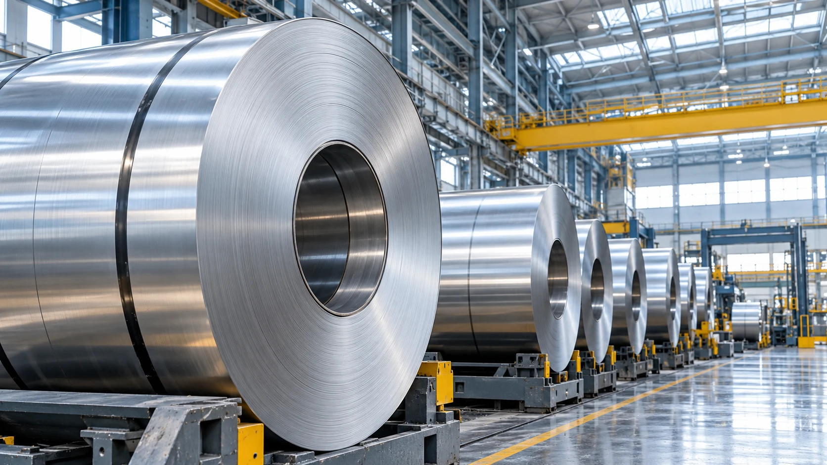 Illustrative stainless steel coils inside a modern rolling mill